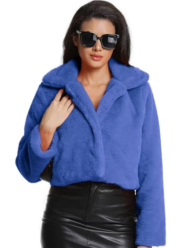 Women's Cropped Faux Fur Jacket with Hidden Pockets and Buttons Plush Shawl Collar Cardigan Sexy Coat - color: Blue, size: X-Large