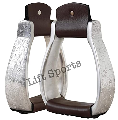 Black/Brown Engraved Western Horse Silver Saddle Stirrups 4.75" Wide Original Leather (Black Leather)