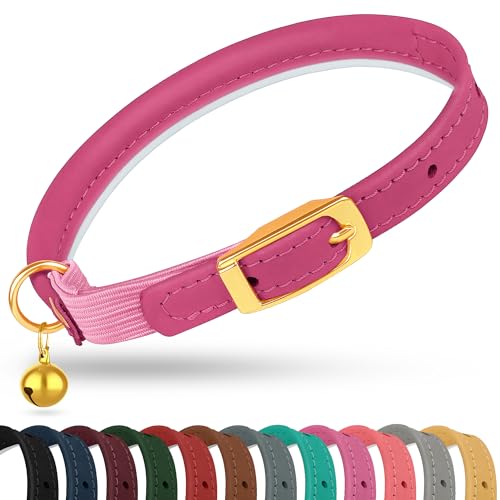 OOPSDOGGY Rolled Leather Cat Collar with Bell - Reflective Kitten Collar with Safety Elastic Strap - Adjustable Small Pet Collars for Boy Girl Cats (Fuchsia) - color: Fuchsia