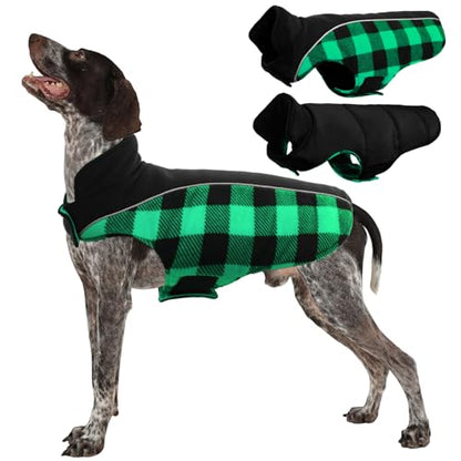 Kuoser Dog Winter Coat, Reversible Waterproof Dog Jacket with Reflective Strip, Warm Dogs Fleece Vest Adjustable Doggy Cold Weather Clothes Plaid Christmas Outfit Pet Apparel for Large Dogs, Green L - color: Green, size: Large (Chest Girth: 20.9-24.4'' )