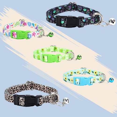 Boy Small Dog Collar with Bell,Leopard XXS/XS Kitten Collar with Buckle - color: 5, size: XS(Neck Fit 8''-12''）