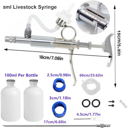 5ml Stainless Steel Livestock Syringe Adjustable Injection Gun with Needle