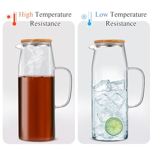 Hsei 2 Sets Glass Pitcher with Lid, 67.6 oz / 2000 ml Water Carafe with Handles Hot Cold Beverage Water Jar Glass Jug for Tea Juice Milk Coffee Iced Beverage(2l) - color: Bamboo Lid, size: 2l