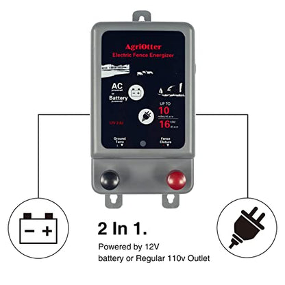 Electric Fence Energizer 40 Acre 10 Miles 2 in 1 Powered by Battery or AC Outlet 12000V 2J Pulse Electric