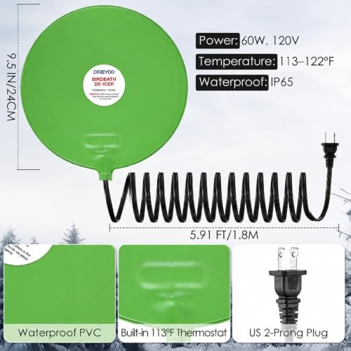 60W Bird Bath Heater, Submersible De-Icer for Outdoor Winter Use, 2 Pack