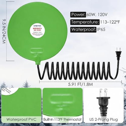 60W Bird Bath Heater, Submersible De-Icer for Outdoor Winter Use, 2 Pack