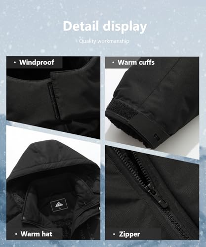 Men's Mountain Ski Jacket Winter Snow Coats Waterproof Warm Fleece Lining Jacket Parka with Hooded - color: Black, size: Small