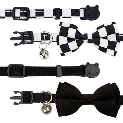 Collar for Cat Pet Breakaway with Bell Bowtie Detachable Bow Adjustable Safety Kitten Puppy Girl Boy 2pcs Plaid & Solid-Black - color: Plaid & Solid-Black