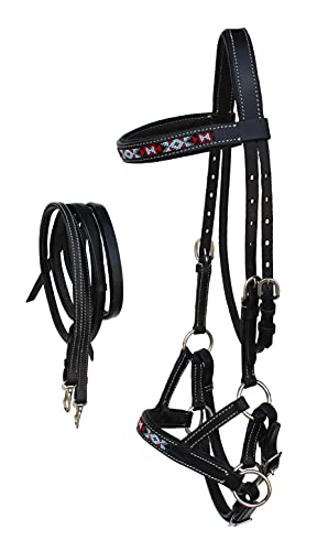 Horse Western Leather Tack Beaded Bitless Sidepull Bridle Reins 77RT17 - color: Black/Beaded