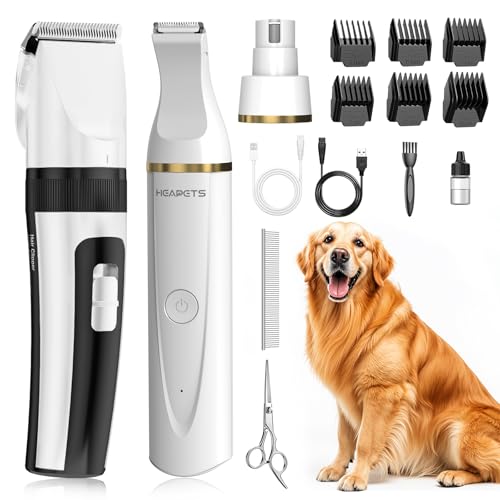 HEAPETS Dog Hair Clippers for Grooming Kit and Dog Paw Trimmer Nail Grinder for Grooming, Low Noise Rechargeable Cordless, Shaver Grooming Supplies for Pet Cats Dogs, White - color: White-white