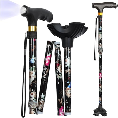 Walking Cane with LED Light, Foldable,Adjustable, Self Standing Walking Canes for Men & Women,Walking Sticks with Quad Base for Seniors & Adults - color: Black flowers