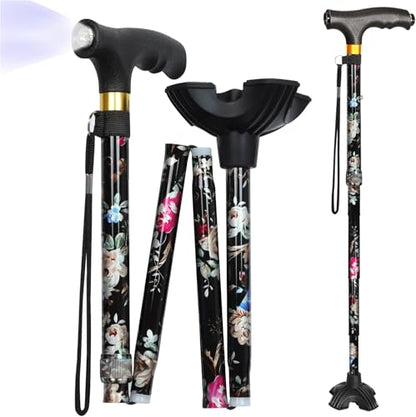 Walking Cane with LED Light, Foldable,Adjustable, Self Standing Walking Canes for Men & Women,Walking Sticks with Quad Base for Seniors & Adults - color: Black flowers