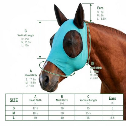 Horse Fly Mask – Nylon-Spandex Face with Breathable Mesh Eyes & Ears, UV Protection Soft Edging Prevents Chafing, Durable & Easy to Clean for Horses & Ponies, Size L - size: L