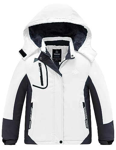 wantdo Girls Winter Ski Coat Fleece Snowboarding Jacket Waterproof 10000mm | Removable Hood, Chest Pocket, Fleece Lining, Windproof, Machine Washable - color: White, size: 6-7
