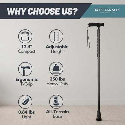 GPTCAMP Walking Cane T Handle Slip Resistant Adjustable for Men Women - color: Black