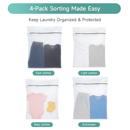 GOGOODA XL Mesh Laundry Bags, 4-Pack Large Wash Bags with Auto-Lock Zipper - color: Fine Mesh White, size: 4 XL Large