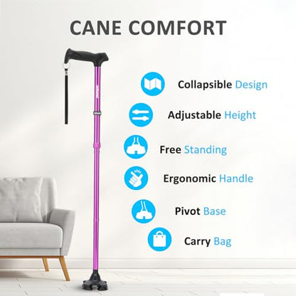 REHAND Walking Cane for Men & Women - Foldable, Adjustable, Lightweight, Self Standing Pivot Walking Cane, Soft Handle Grip, with Travel Bag, Walking Sticks for Seniors & Adults - color: Purple