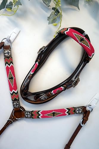 Pony Leather Headstall and Breast Collar Set Color Beaded with Gold & Black Beaded Overlay and Cross - color: Pink