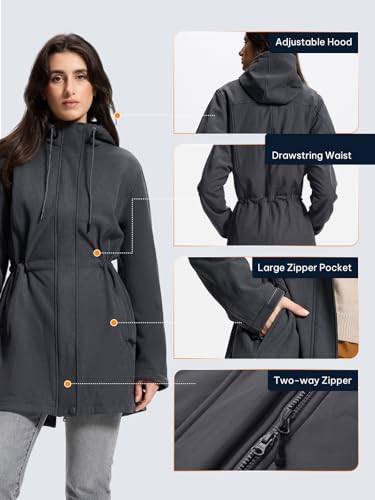 SaphiRose Women's Waterproof Rain Jacket with Fleece Lining Hooded Windbreaker Long Warm Outdoor Softshell Coat - color: Dark Grey, size: XX-Large