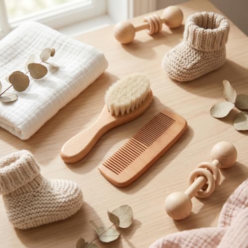 Baby Hair Brush Set, Natural Goat Hair Bristles Gentle on Scalp, Double Sided Comb, Newborn Scalp Massage Tool, Soft and Non-Irritating for Sensitive Skin, for Newborns Toddlers Ba