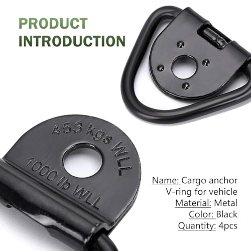 4 PCS Truck Bed Cargo Tie Down Anchors Rings, Heavy Duty V Rings Bolts Forged Lashing Ring, 1000 lbs Capacity Trailer Anchors Hooks, Universal for Trailers, Trucks, Cargo Tie Downs (Black)