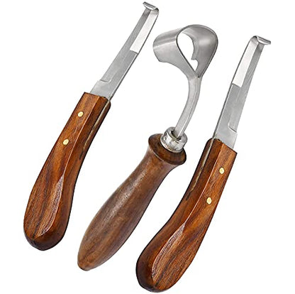 Hoof Knife 3 Piece Set Sharpener Right & Left Handed Double Edge Swiss Hoof Knife Farrier Horses Goats Pick Trimming Knives Wooden Handle