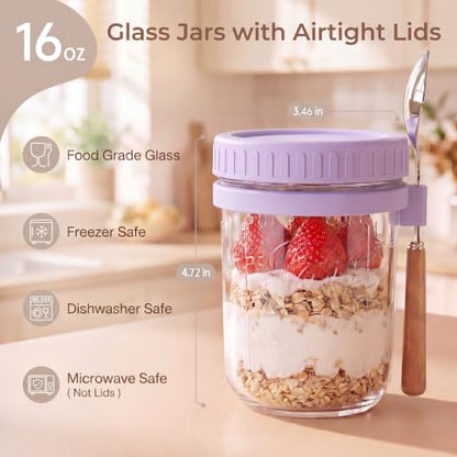 16oz Glass Overnight Oats Containers with Lids and Spoons, 6 Pack Purple - color: Purple - 6 Pack