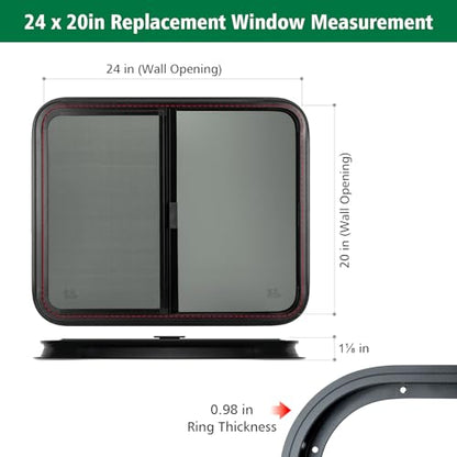 Dulepax Horizontal RV Window, 24" W x 20" H Tinted Slide Trailer Window, Tempered Glass Camper Window Replacement with Net Screen and Trim Ring, DOT Approved - size: Horizontal 24"x20"