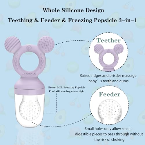 Baby Fruit Feeder, Frozen Teething Toys for Babies, Teether Pacifier with 3 Extra Teats, Eating Essentials, BPA Free Baby Feeding Supplies (Lavender) - color: Purple