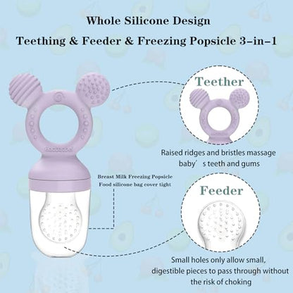 Baby Fruit Feeder, Frozen Teething Toys for Babies, Teether Pacifier with 3 Extra Teats, Eating Essentials, BPA Free Baby Feeding Supplies (Lavender) - color: Purple