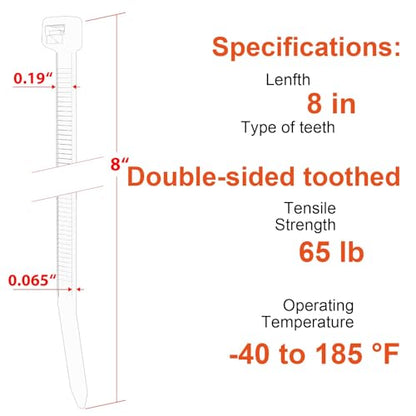 8 Inch Zip Ties Double Sided Toothed,65LBS Tensile Strength Heavy Duty Cable Wire Ties With Self-Locking Adjustable More Durable Nylon Tie Wraps for Indoor Outdoor（100 Pack） - size: 8 inch 100 Pack （65 Lbs ）