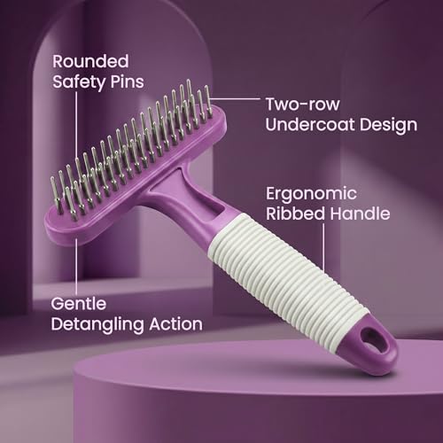 POODLIE Poodle Pet Dog Grooming Rake| Dematting Tool with Stainless Steel Shedding Comb for Pets | 2 Rows of Pins Gently Remove Loose or Tangled Hair from Undercoat | Purple Handle - color: Purple