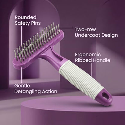 POODLIE Poodle Pet Dog Grooming Rake| Dematting Tool with Stainless Steel Shedding Comb for Pets | 2 Rows of Pins Gently Remove Loose or Tangled Hair from Undercoat | Purple Handle - color: Purple