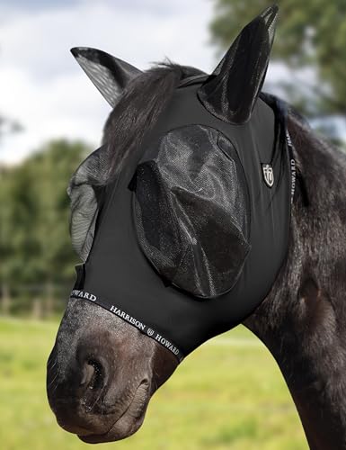Harrison Howard Horse Fly Mask with Forelock Opening Stretch Breathable and Comfortable for Horses UV -Protection Black M - color: Piano Black, size: M