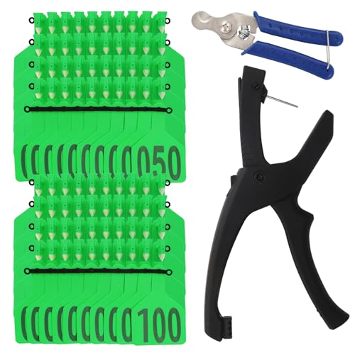 100 Pack Large Blank Cattle Ear Tags with Applicator, One-Piece TPU Livestock Ear Tags for Cattle Cow Calf Bull Sheep Goat Pig Hog Horse, Animal Identification Tags for Farm Ranch (Green, 001-100) - color: Green, size: 001-100