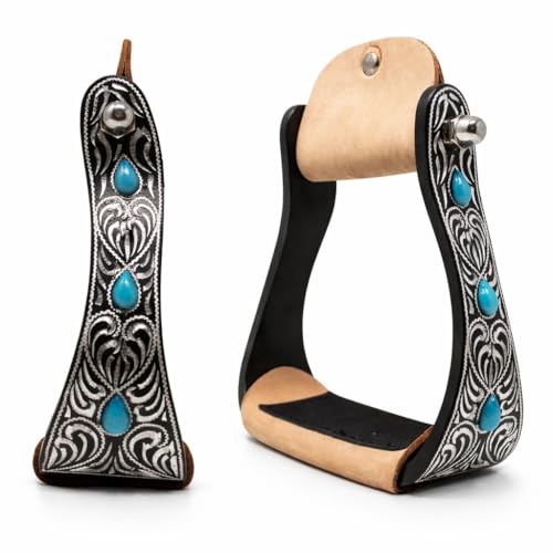 CHALLENGER Horse 5" Black Aluminum Engraved Barrel Racing Stirrups w/Turquoise Stones 51230L