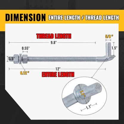 VIVIDA 12" J Bolt Gate Hinge, 5/8" Gate Bolt Post Hinge, 2-Pack | Galvanized Gate Bolt Post Hinge, Chain Link Fence Gate Hardware, Nuts & Washers Included - size: 12" (2 PCS)
