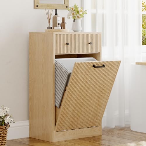10 Gallon Tilt Out Trash Can Cabinet with Drawer, Hidden Trash Bin Storage & Laundry Hamper Cabinet, Pet Proof Trash Can Holder for Kitchen, Laundry Room & Bathroom, Oak - color: Oak