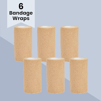 Juvale Bandage Wrap - 4 in x 5 yd, Tan, 6 Rolls - Self Adherent Cohesive Tape & Elastic Support - Breathable Vet Wrap & Medical Tape for Sports & Tattoo (Pack of 2) - size: 4" x 5 Yards (Pack of 2)