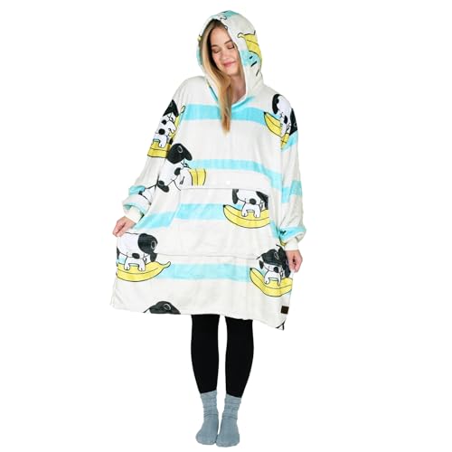 Catalonia Oversized Blanket Hoodie, Banana Dog Fleece Wearable Blanket - color: Banana Dog White