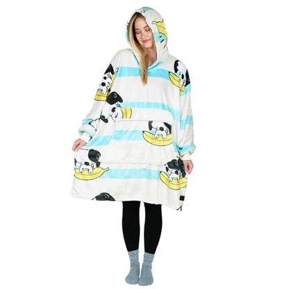 Catalonia Oversized Blanket Hoodie, Banana Dog Fleece Wearable Blanket - color: Banana Dog White