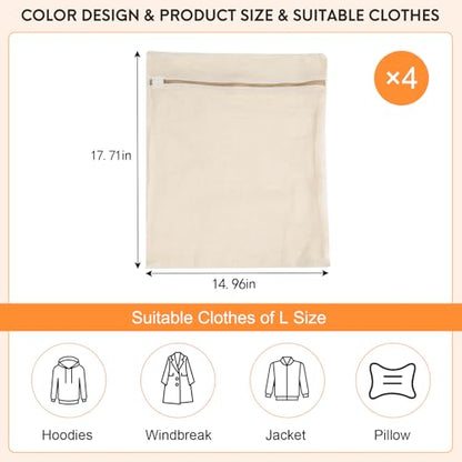 4-Piece Large Durable Organic Cotton Mesh Laundry Bags with Sturdy Zippers and Breathable Mesh are Delicate Laundry Bags for Underwear, Clothes, Pants and Socks - size: Large