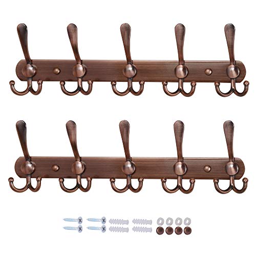 Dseap Wall Mounted Coat Rack - 5 Tri Hooks, Heavy Duty, Stainless Steel, Metal Coat Hook Rail for Coat Hat Towel Purse Robes Mudroom Bathroom Entryway (Antique Copper, 2 Packs) - color: Antique Copper, size: L=16" (2 Pcs)