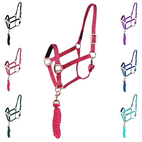 Majestic Ally Halter with Lead Rope for Horses–Adjustable Chin and Crown–Rolled Throat Latch with Replaceable Snap–Padded Noseband–Heavy Duty Rose Gold Finish Hardware - color: Hot Pink