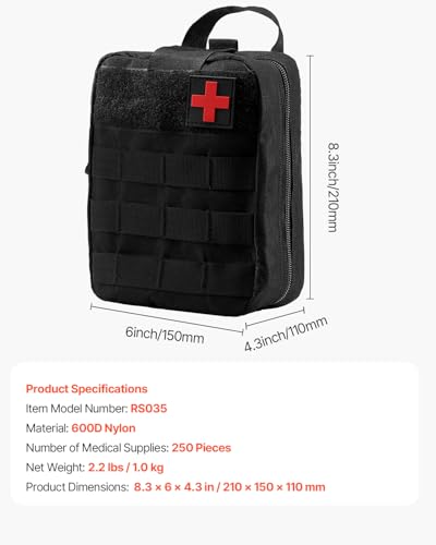 VEVOR Survival First Aid Kit, 250 Pieces, 600D Nylon Trauma First Aid Bag, Survival Gear and Equipment, Emergency Kits, for Men Women Camping, Boat, Earthquake, Hiking, Hunting, and Outdoor Adventure - size: 250 Pieces