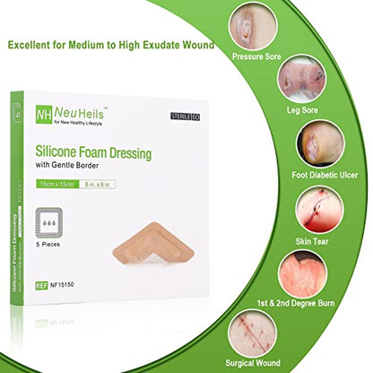 NeuHeils Silicone Foam Dressing with Border 6"x6", 5 Pack for Bed Sores - size: 6''x6'' (Pack of 5)