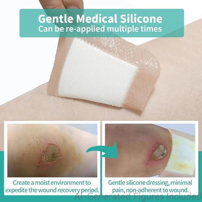 Ourmed Silicone Foam Dressing with Border Adhesive - Large Absorbent Waterproof Bandage for Wound Care, Foot Diabetic Ulcer, Leg Ulcer, 3" x 3", 10 Pack - size: 3"x 3" (10 Packs)