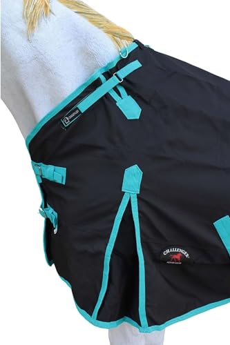 Challenger 1200D Turnout Rain Horse Sheet Light Winter Blanket Gusset 356 - color: Black Turquoise Trim, size: 66"