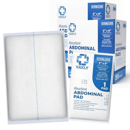 Vakly ABD Pads 5x9 Sterile – Abdominal Combine Gauze Pads, High Absorbency Non-Adherent Wound Dressing for Heavy Drainage & First Aid, Individually Wrapped