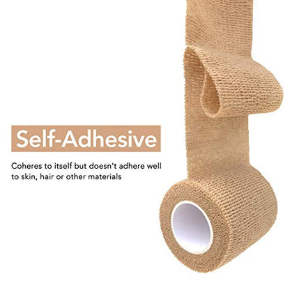 RISEN Cohesive Bandage 2” x 5 Yards, 6 Rolls, Self Adherent Wrap Medical Tape, Adhesive Flexible Breathable First Aid Gauze Ideal for Stretch Athletic (Pack of 2) - color: Tan, size: 6 Count (Pack of 2)